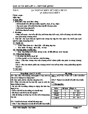 Giáo án Tin học lớp 11 - Tiết 5 Một số kiểu dữ liệu chuẩn - Khai báo biến - Năm học 2012-2013 - Nguyễn Thị Thắm